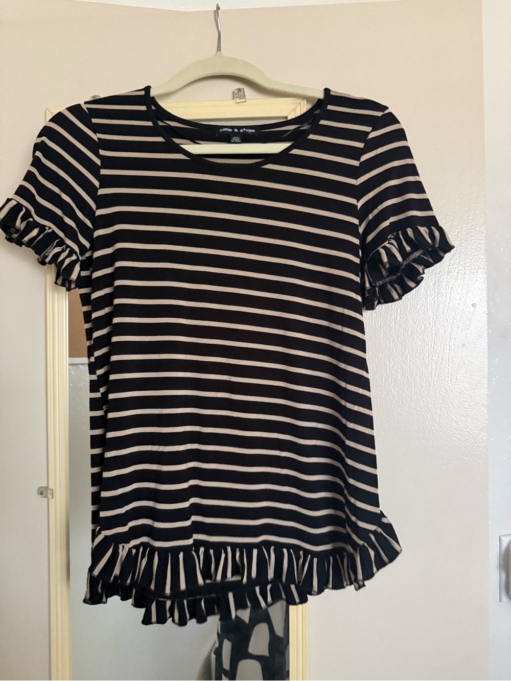 Cable & Gauge Black and White Striped Ruffle Sleeve Tee
